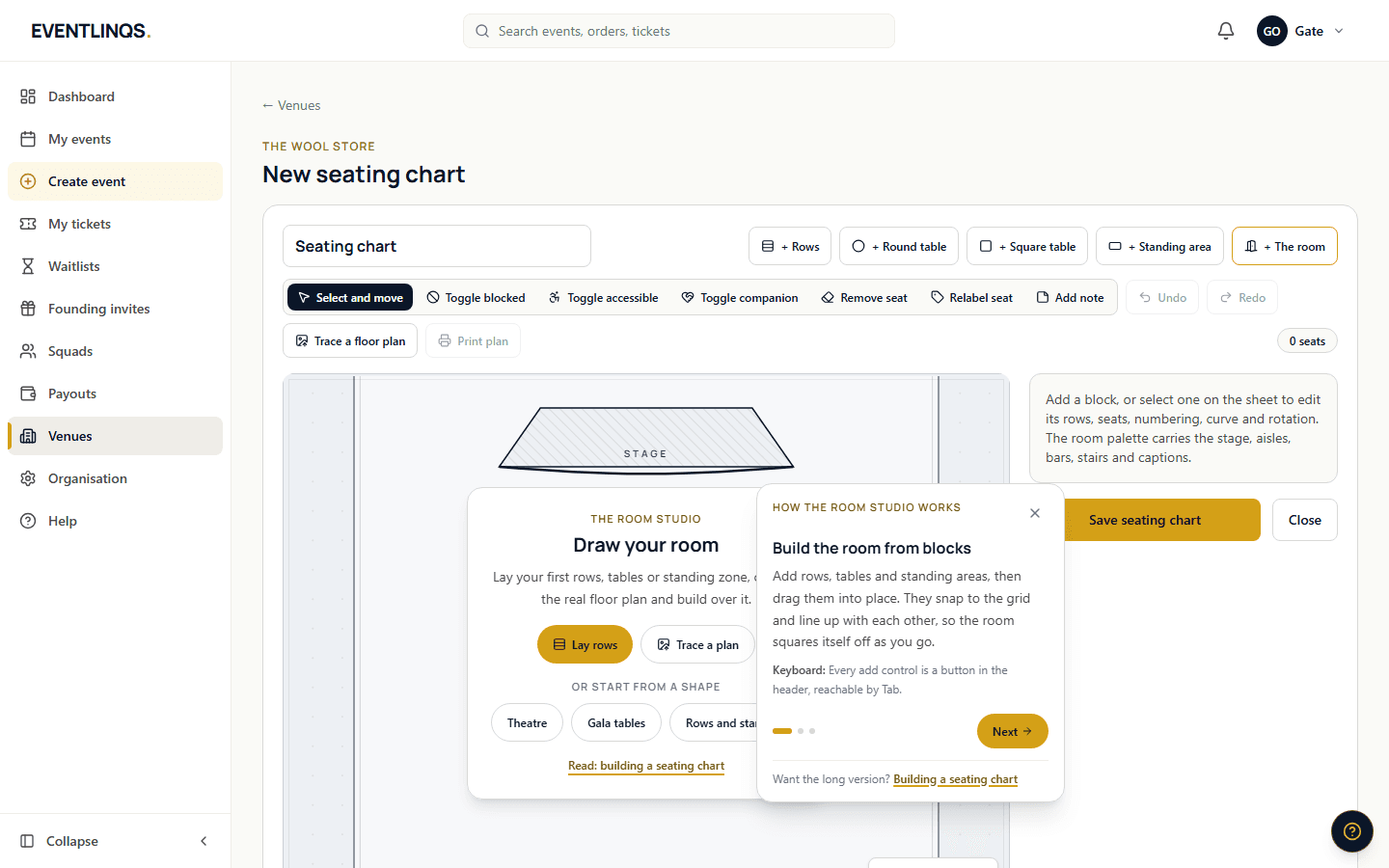 The empty room studio showing the Draw your room invitation with Lay rows, Trace a plan, and the three starting shapes.