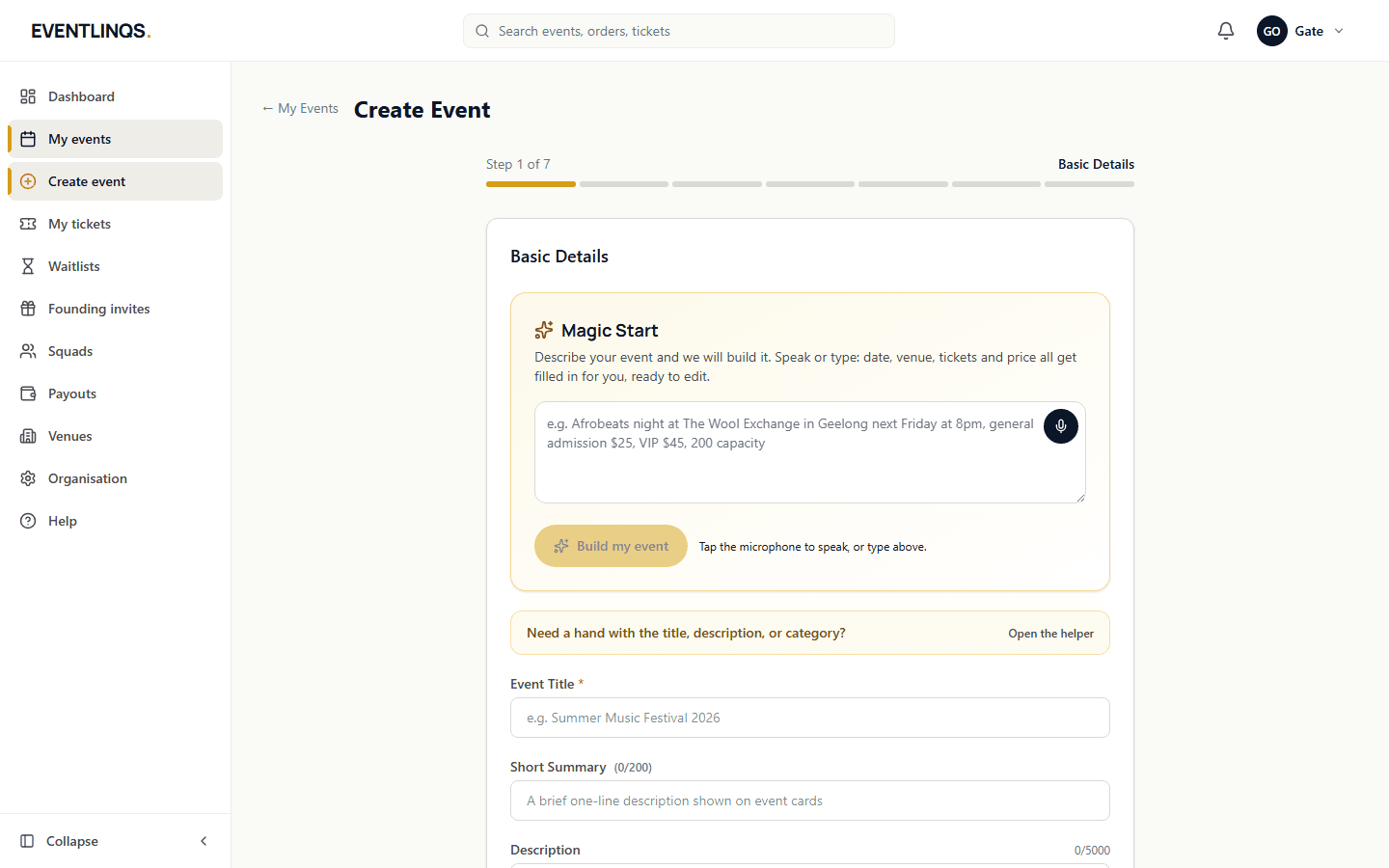 The event creation form on step one, Basic Details, with the seven-step indicator across the top.