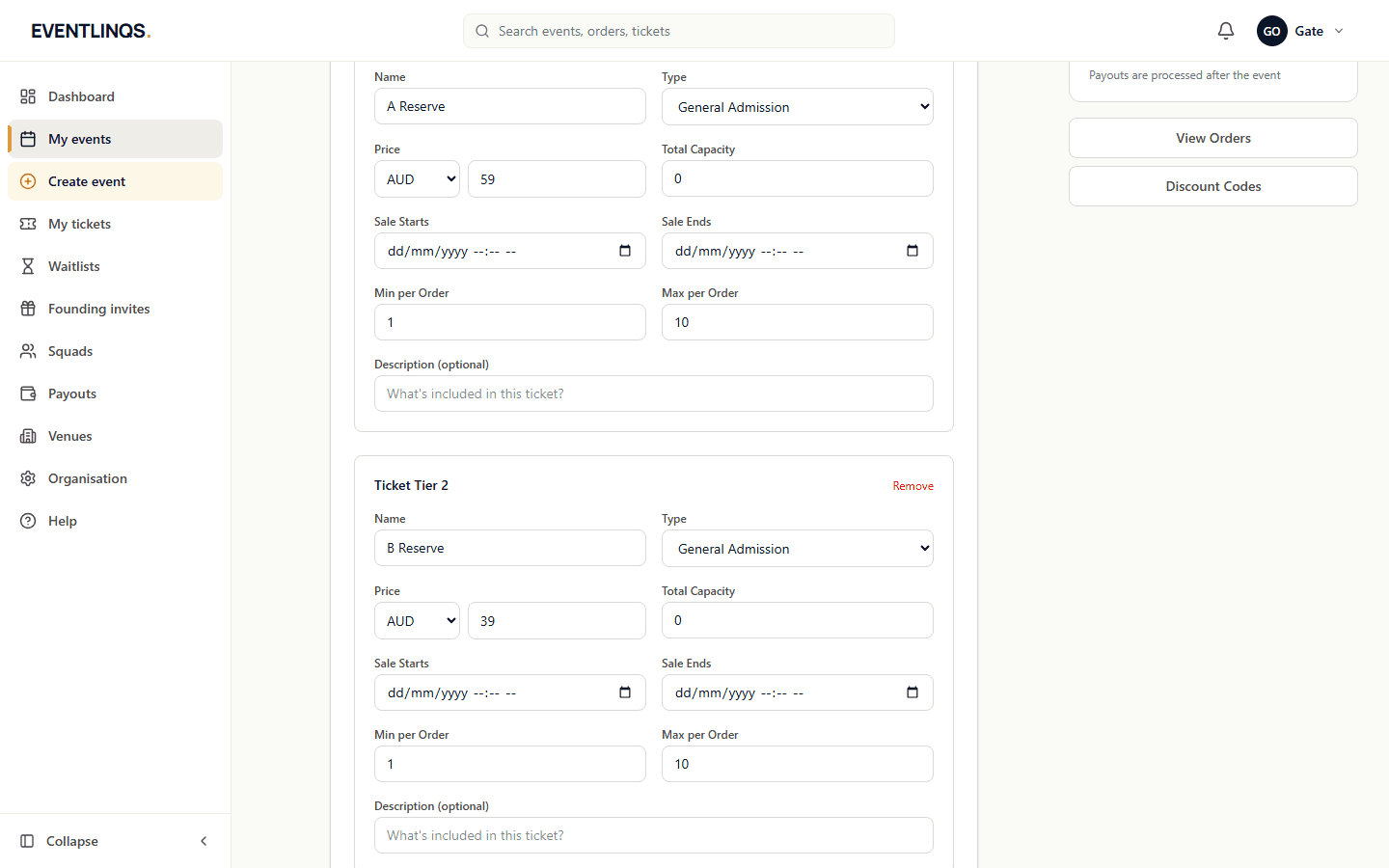 The Tickets step of the event form showing a ticket type with name, price and quantity fields.
