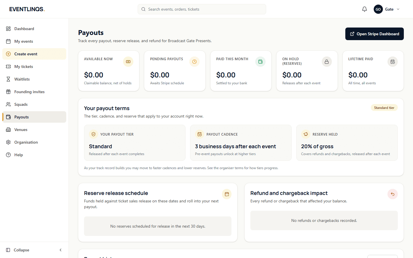 The Payouts screen in the organiser dashboard showing the connected payout account and balance.