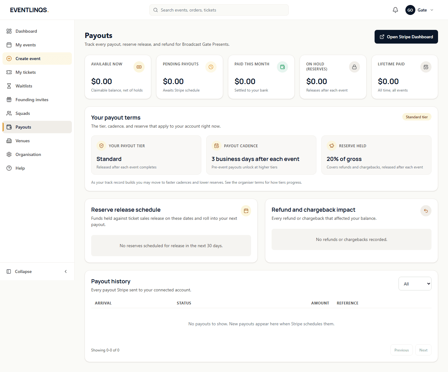 The payout account connection card in the dashboard showing the verification state.