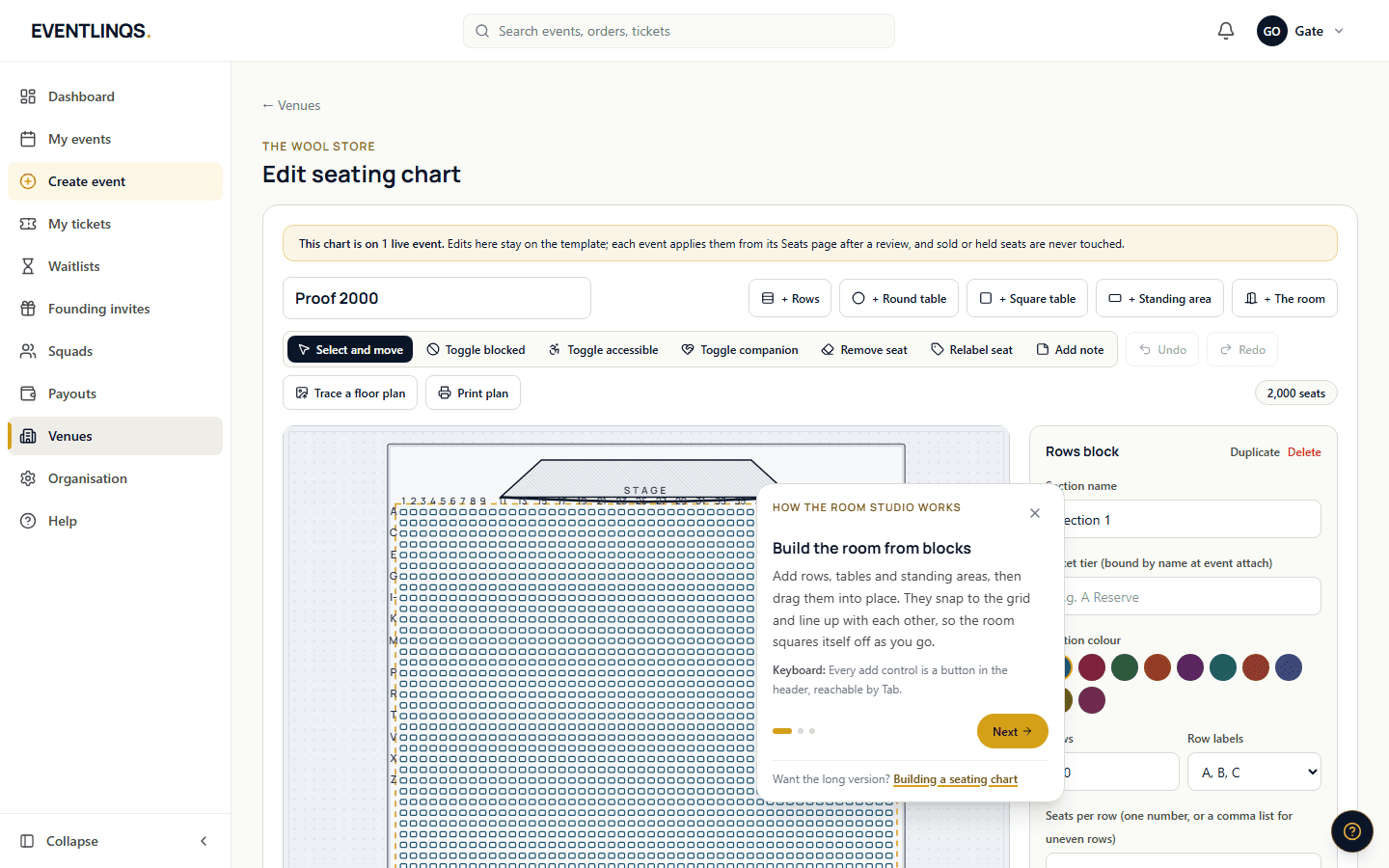 The room studio inspector showing a selected rows block with its section name and ticket type field.
