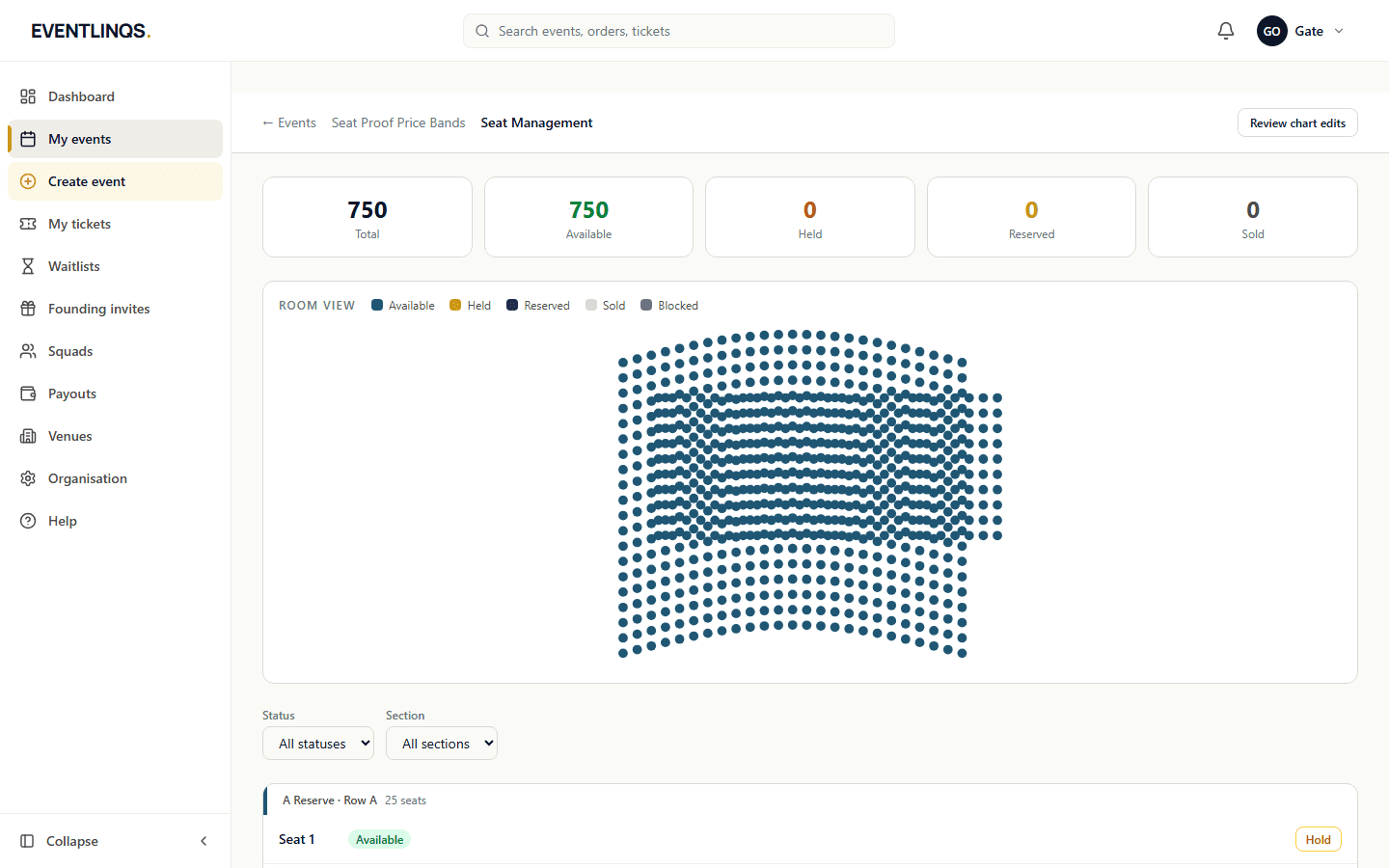 The event Seats page listing the seats generated from the applied chart with their sections.