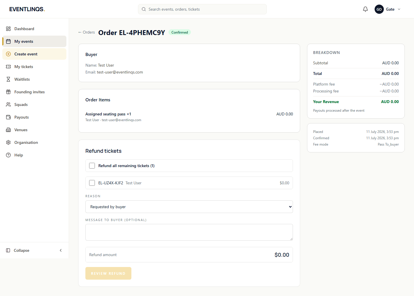 An order detail screen in the organiser dashboard with the refund panel open, showing selectable tickets and a reason field.